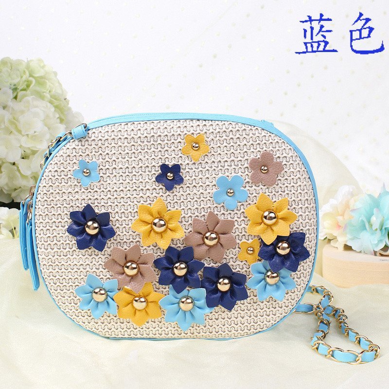 薇思黛2016新款草编包斜跨编织包小皮花沙滩包草包可爱淑女包藤包 天蓝色