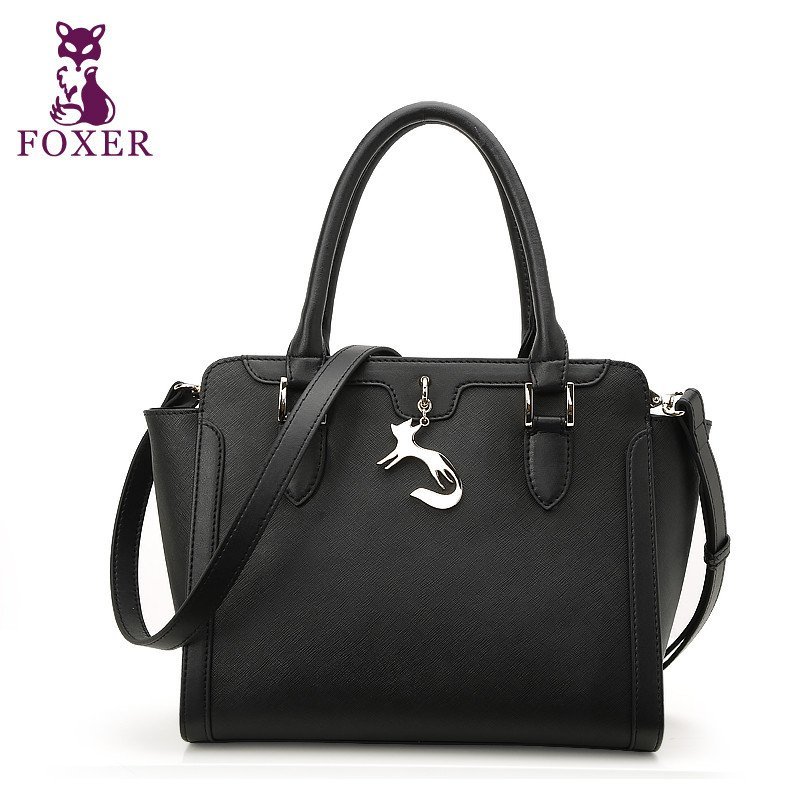 foxer/金狐狸新款女包手提包包时尚潮单肩斜跨包牛皮包女士包 黑色