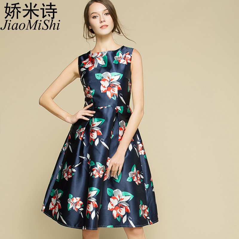 娇米诗2016夏季新款印花无袖大码蓬蓬裙显瘦小礼服连衣裙7665 L 深蓝色