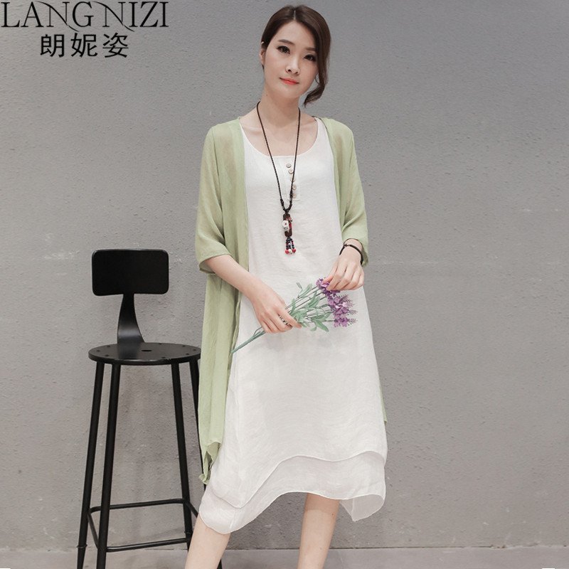 朗妮姿 2016夏季新款气质时尚宽松大码中长款棉麻连衣裙两件套装 1801 L 浅绿色