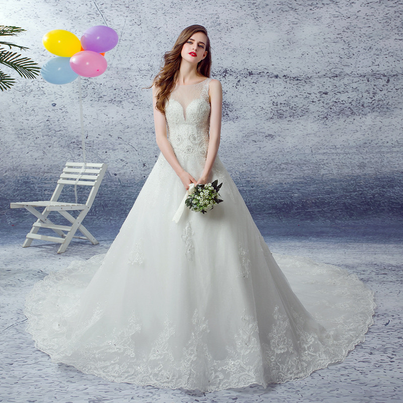 2016新款时尚公主蓬蓬裙钉珠大拖尾婚纱 M 白色