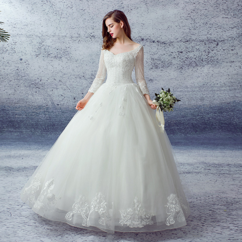 2016秋新款蓬蓬裙双肩长袖钉珠韩式齐地婚纱 M 白色