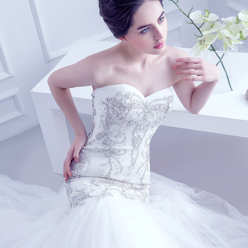 2016年新款抹胸镶钻重手工修身鱼尾新娘婚纱影楼拍摄婚礼 XL 白色