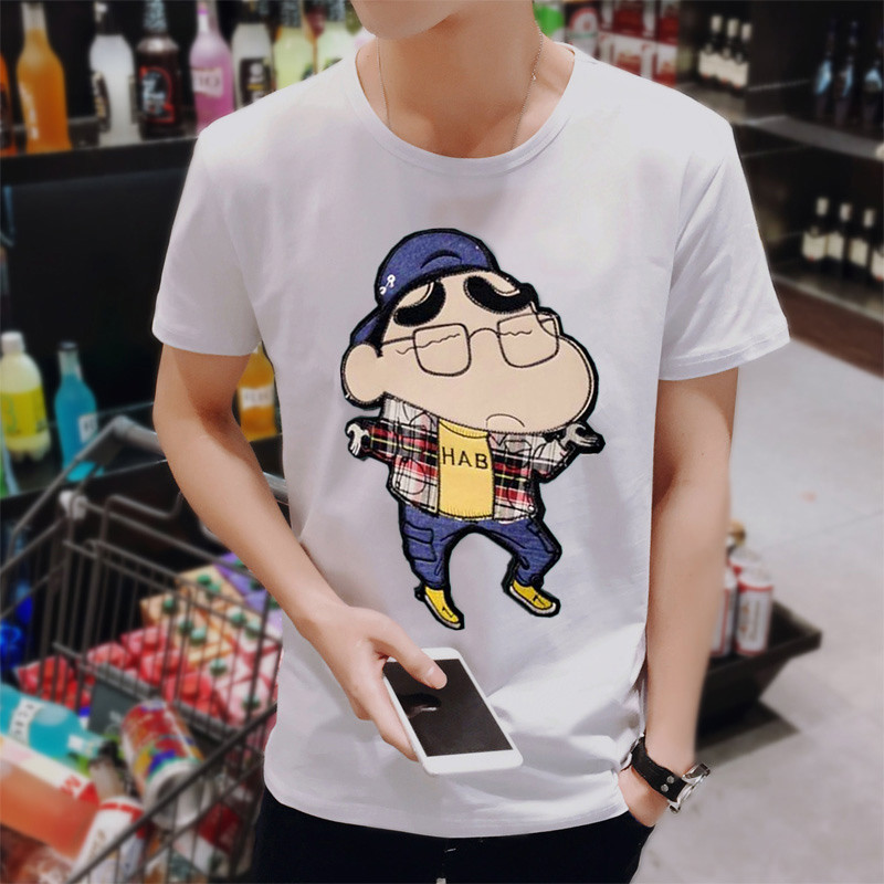 诺妮梦 蜡笔小新卡通短袖T恤男士加肥加大码半袖青少年韩版潮流男装 T2白色 XL