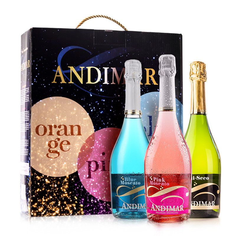 西班牙原瓶进口起泡酒 爱之湾（ANDIMAR）莫斯卡托桃红谜蓝黑标气泡甜葡萄酒750ml*3礼盒装