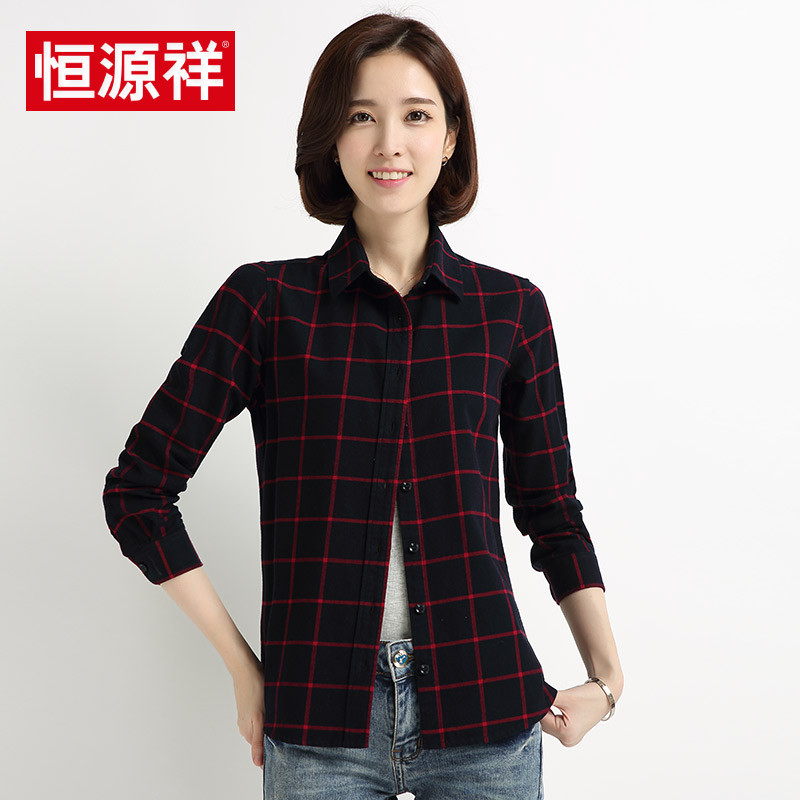 恒源祥红格子衬衫女秋装新款休闲百搭女装外套宽松纯棉长袖衬衣女 180/XXXL C515红色1号