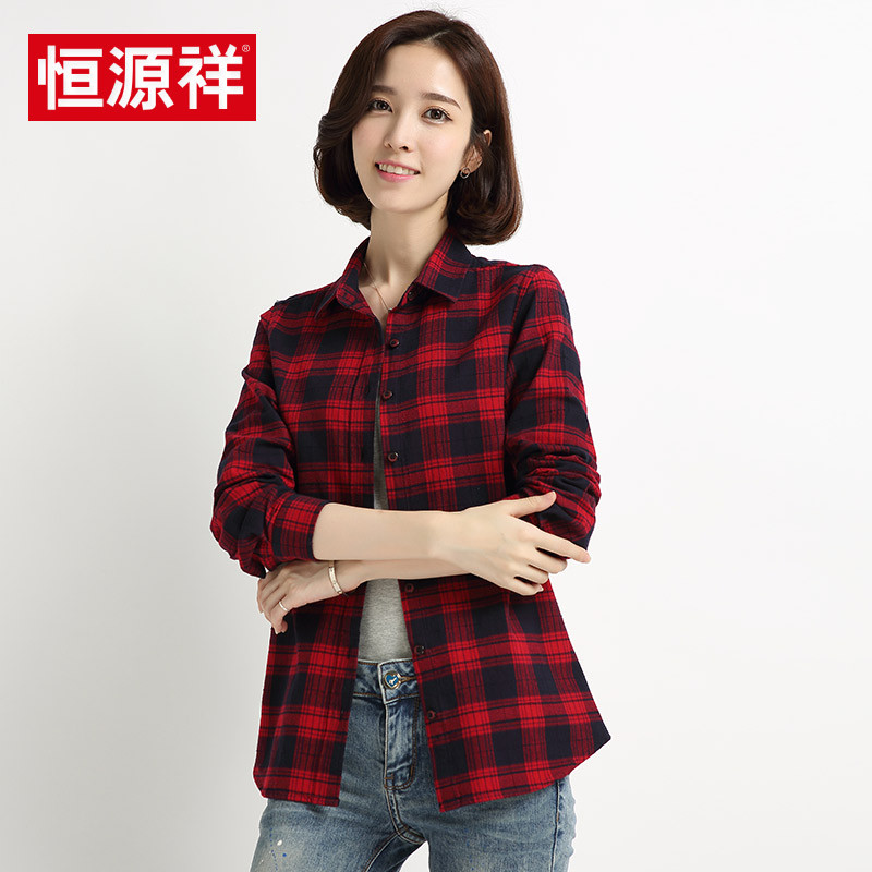 恒源祥红格子衬衫女秋装新款休闲百搭女装外套宽松纯棉长袖衬衣女 170/XL C505红色1号