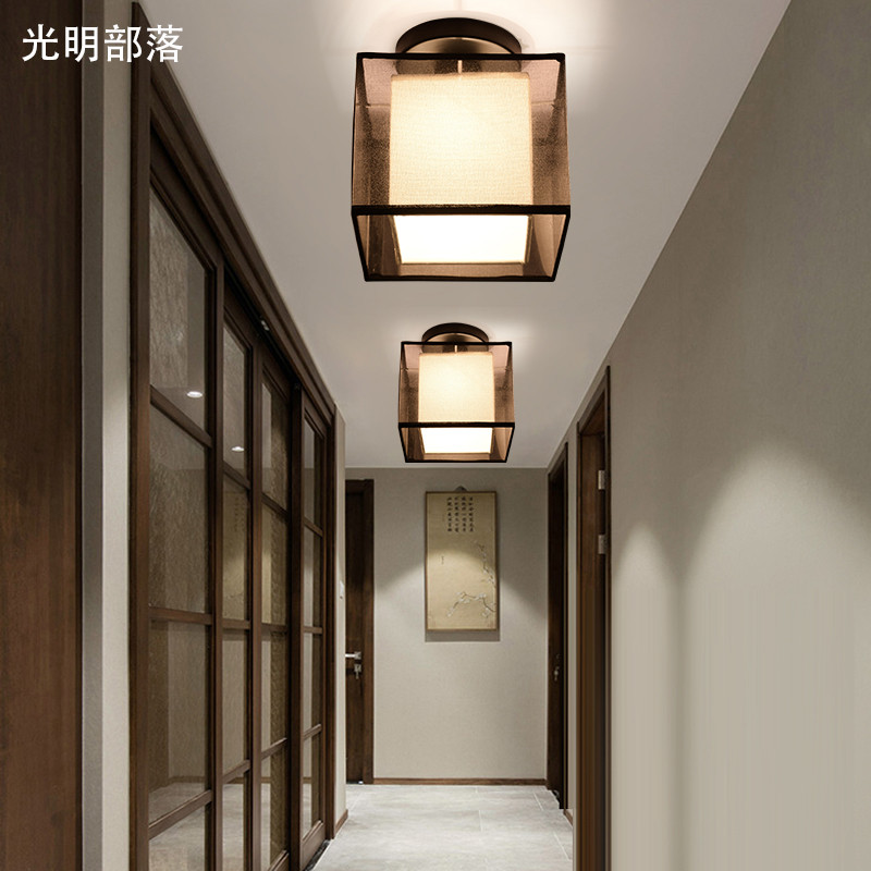 GMBL光明部落现代中式led吸顶灯复古正方形卧室灯客厅灯简约led圆形布艺餐厅书房灯具灯饰 正方单头18cm过道灯赠送白光灯泡