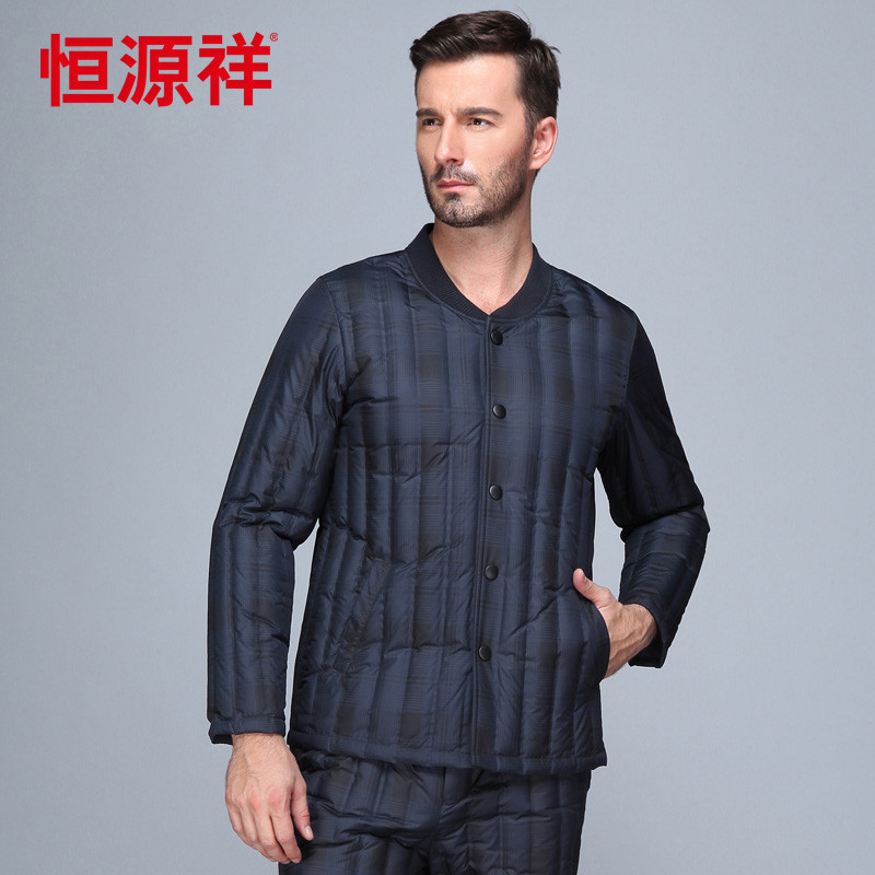 恒源祥 冬装中老年人轻薄羽绒服男内胆居家保暖内衣爸爸装羽绒内胆 175/92A/XL 2229-1#深蓝格纹