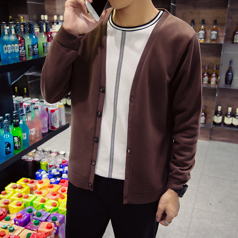 诺妮梦 新款韩版潮男士薄外套上衣服修身毛衣针织衫开衫毛线衣潮流 咖啡 4XL