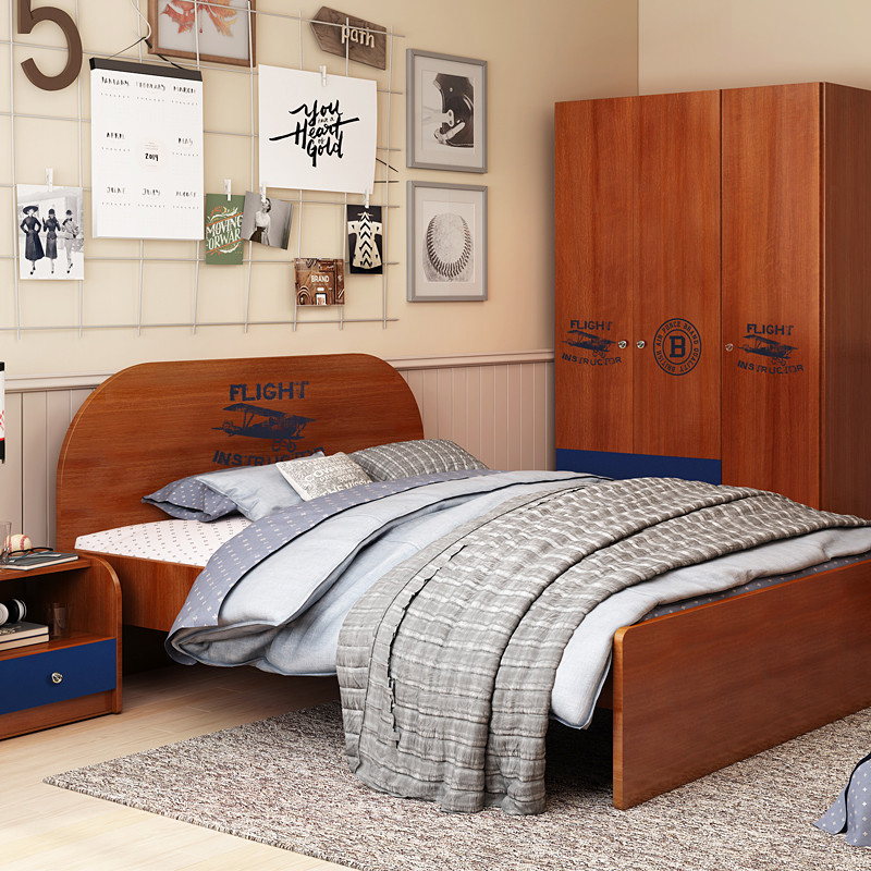 七叶木美式风格家具男孩儿童床成套家具复古卡通床套装飞行家套房 1.5米床+床头柜+床垫(10cm)