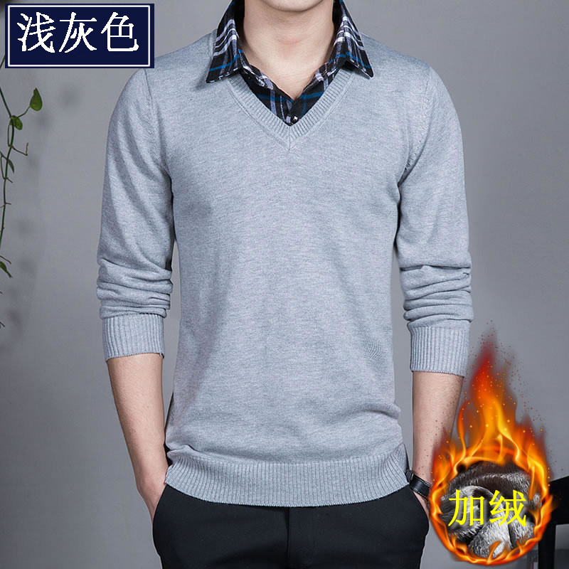 诺妮梦 2016 新款秋冬季男士毛衣男假两件套头休闲针织衫修身衬衫领男装大码线衣潮 4XL/195 1188浅灰加绒