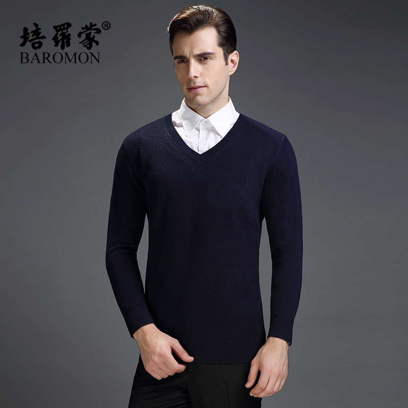培罗蒙V领男装长袖针织衫 中年男士套头纯色长袖针织毛衣打底衫男1476319621121 54 藏青色