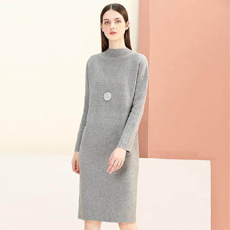 糖力2016新款冬装欧美女装圆领长袖中长款连衣裙百搭宽松针织裙子 M 冰川灰