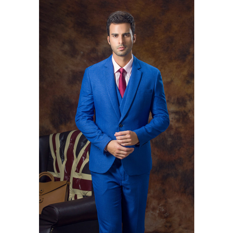 2016新款喜莱男装结婚西装男士平驳领修身蓝色一粒单排扣规则领西服男套装新郎伴郎装16209-34 48码 蓝色