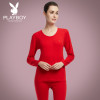 PLAYBOY花花公子男女纯棉大红基础保暖内衣套装情侣款结婚本命年鸿运全棉秋衣秋裤 XXXL 女大红