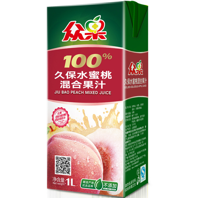 众果100%纯果汁 久保水蜜桃混合果汁 便携装 1L×6盒 箱装 果汁饮料