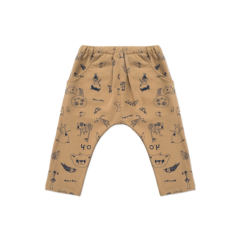 婴姿坊儿童休闲长裤 男童春秋款松紧韩版百搭印花裤子 卡其 120cm