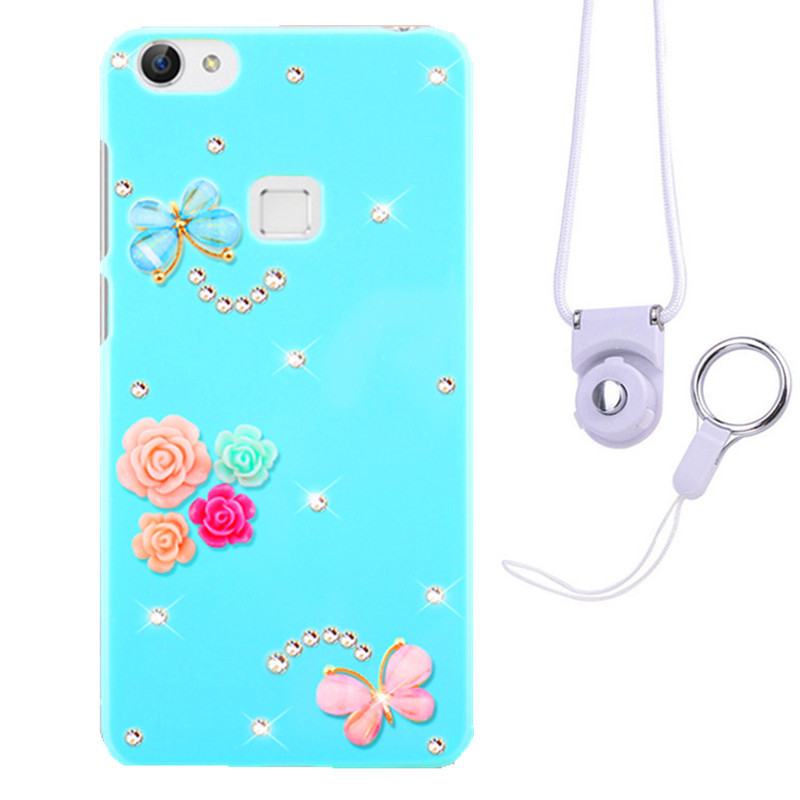 摩洛 爱心彩壳珍珠水钻手机壳保护套带挂绳 适用于VIVO X6/X6D/X6SA/5.2屏 蓝壳玫瑰蝴蝶+白挂绳