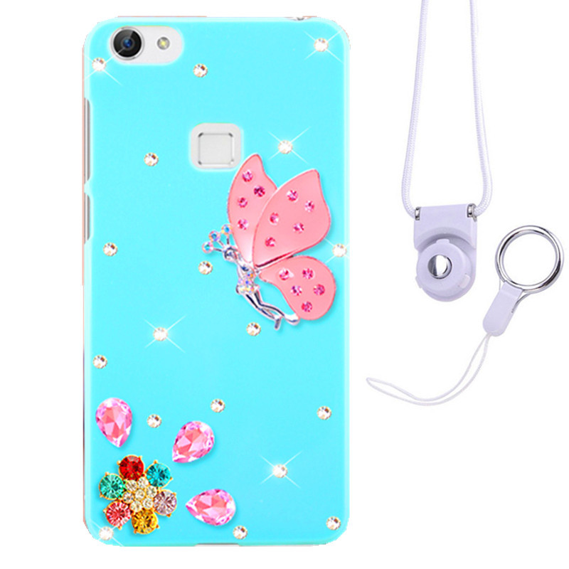 摩洛 爱心彩壳珍珠水钻手机壳保护套带挂绳 适用于VIVO X6/X6D/X6SA/5.2屏 蓝壳水钻蝴蝶粉+白挂绳