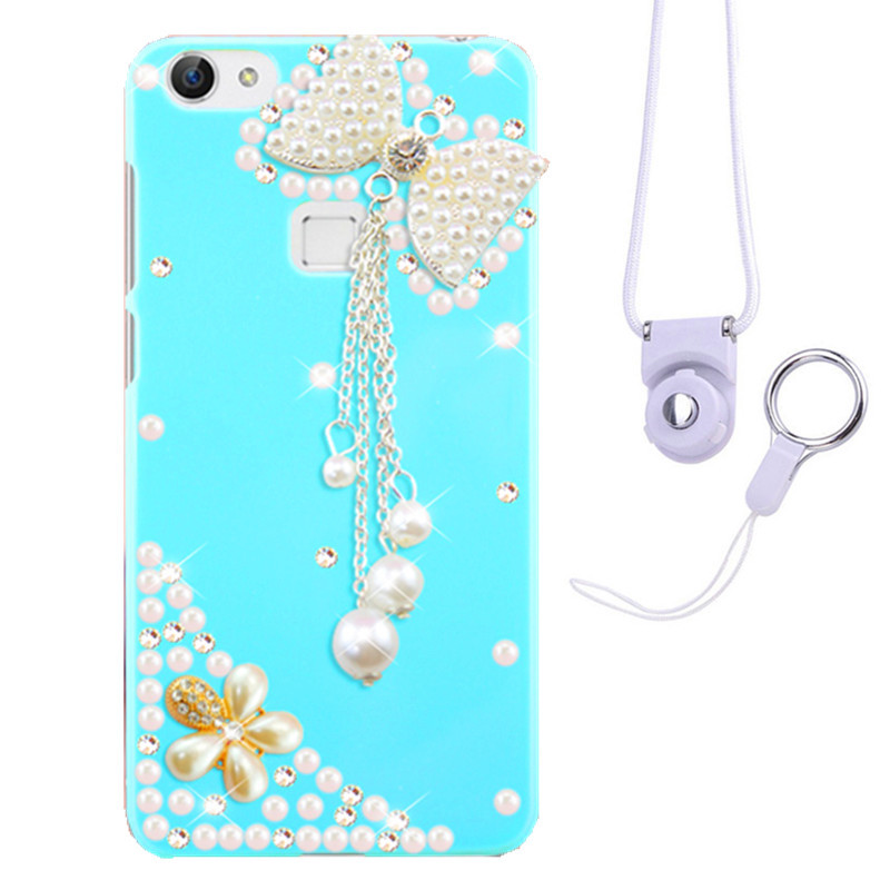 摩洛 爱心彩壳珍珠水钻手机壳保护套带挂绳 适用于VIVO X6/X6D/X6SA/5.2屏 蓝壳流苏A+白挂绳