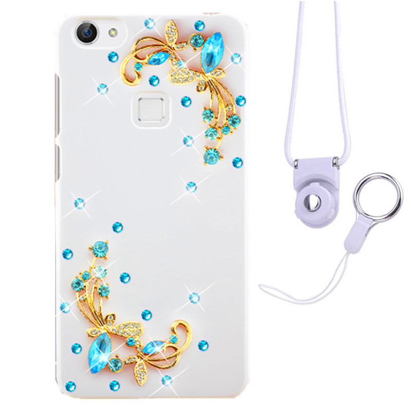 摩洛 爱心彩壳珍珠水钻手机壳保护套带挂绳 适用于VIVO X6/X6D/X6SA/5.2屏 白壳蝶恋花蓝+白挂绳