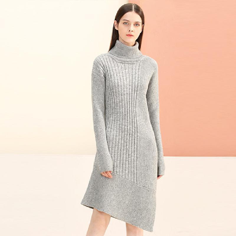 糖力2016冬装新款欧美 女装高领长袖套头长款毛衣灰色修身针织衫 M 灰色