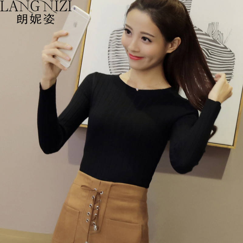 朗妮姿(LANGNIZI) 2020春秋季新款针织衫女短款毛衣套头打底衫纯色大码宽松 5148# 黑色 S【建议85-100斤】