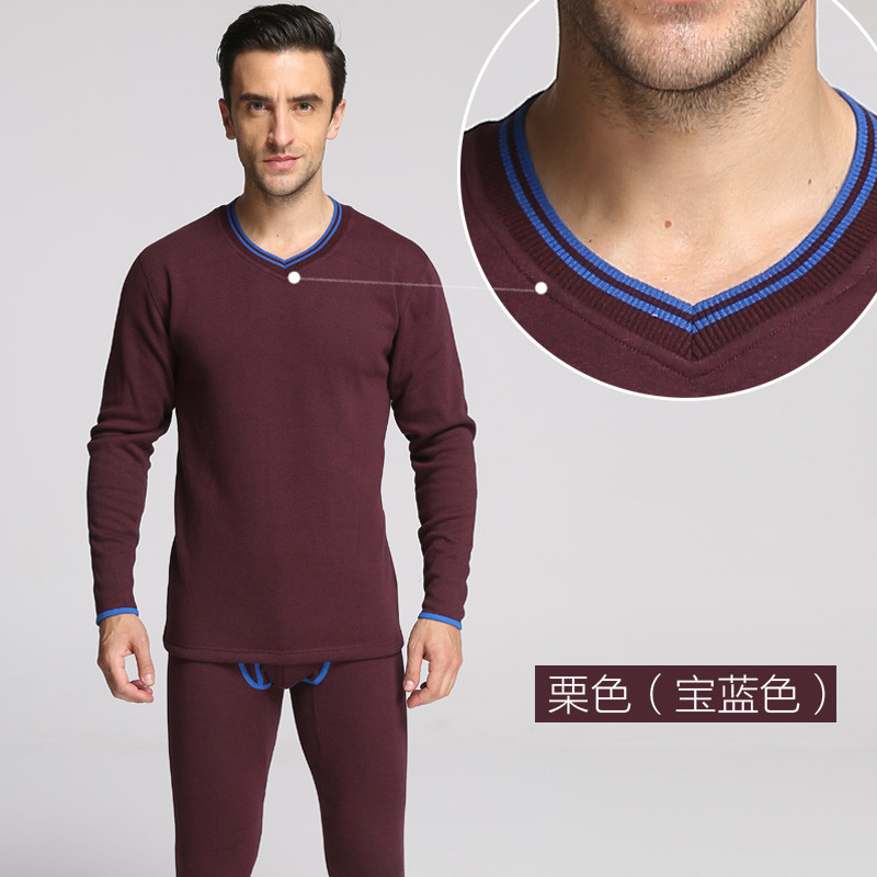 南极人保暖内衣男士加厚加绒撞色包边冬季圆V领秋衣秋裤保暖套装 L 栗色-宝蓝色