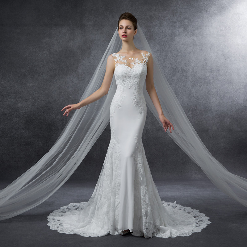 2016秋冬新款经典双肩修身鱼尾白色优雅蕾丝拖尾婚纱 XL 白色