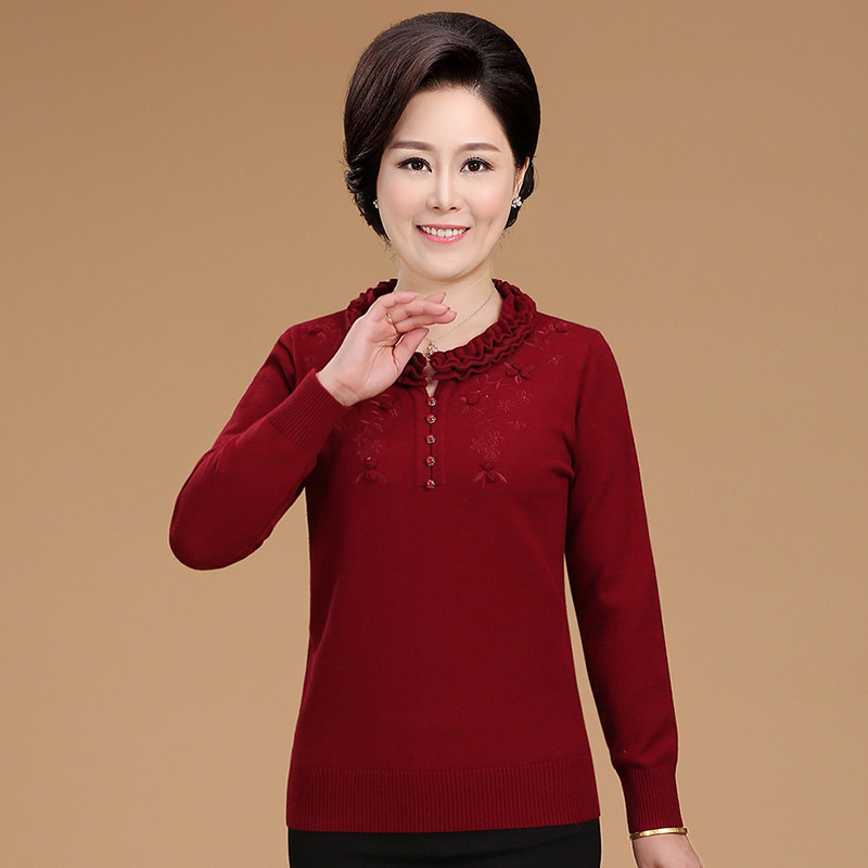 福玛玛中年妈妈装秋季新品纯色毛衣40-50-60岁中老人女装上衣d5485 XL 红色