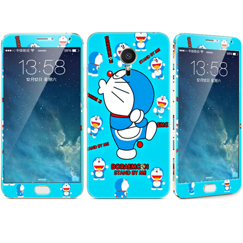 法威仕 前全屏手机钢化玻璃卡通彩膜后保护膜彩膜贴纸 适用于魅族MX5/M575/5.5屏 嘟嘴哆啦A梦+支架