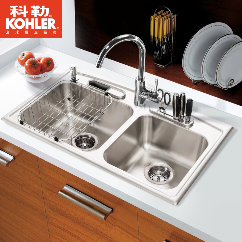 科勒 德卡黛大小槽台上厨盆(含厨房配件)(简版速漩)3645T-2KD-NA 3645T水槽+97274T-4-CP龙头（发货时间未定）