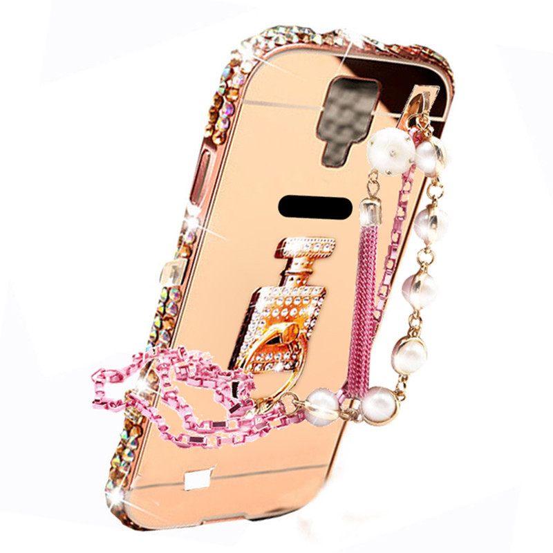 JSB 镜面水钻支架金属边框后背板珍珠链手机壳保护套 适用于金立M5/5.5屏 玫瑰金-香水瓶-皇冠+珍珠挂链