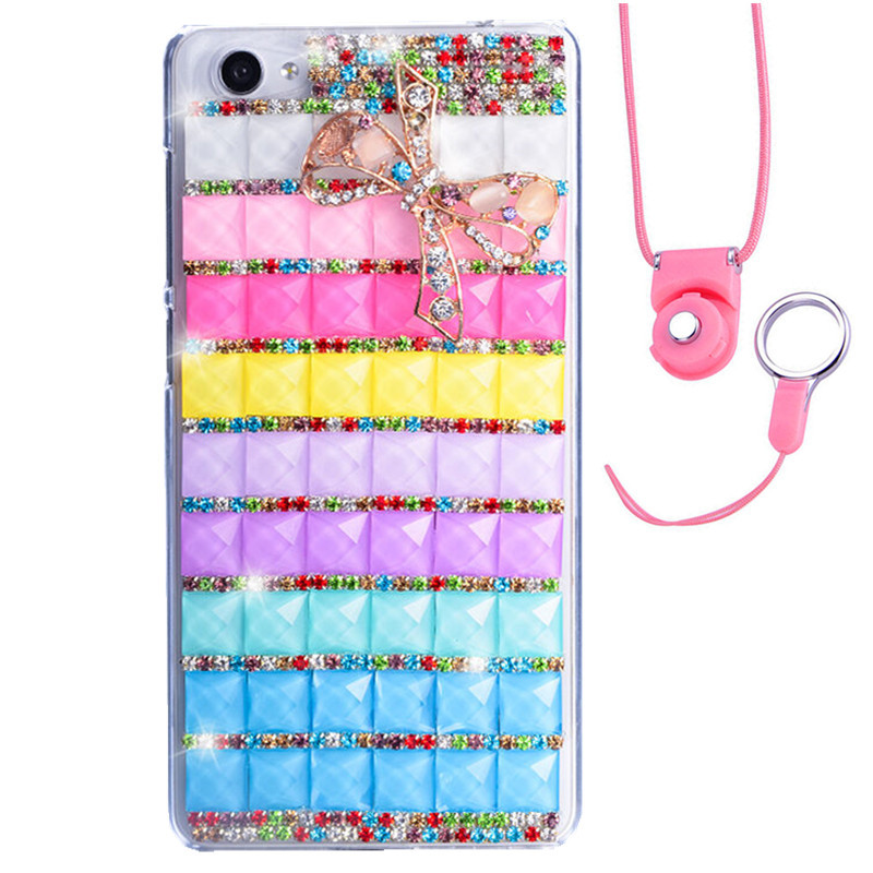 法威仕 满钻炫彩果冻水钻透明手机软壳保护套带挂绳 适用于VIVO X7plus/5.7屏 七彩色-蝴蝶结-软壳+粉挂绳