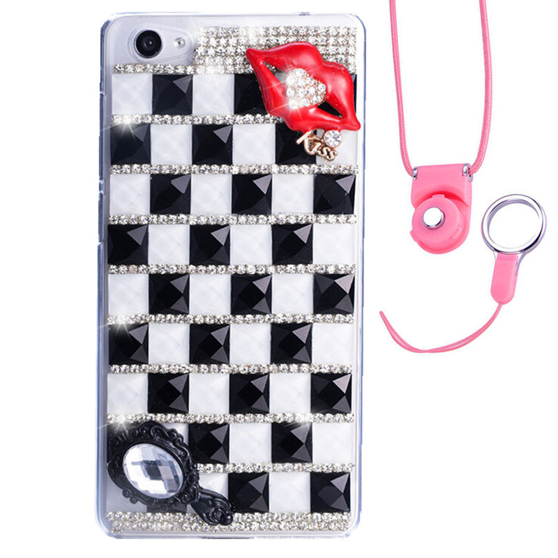 法威仕 满钻炫彩果冻水钻透明手机软壳保护套带挂绳 适用于VIVO X7plus/5.7屏 黑白格子-红唇KISS-软壳+粉挂绳
