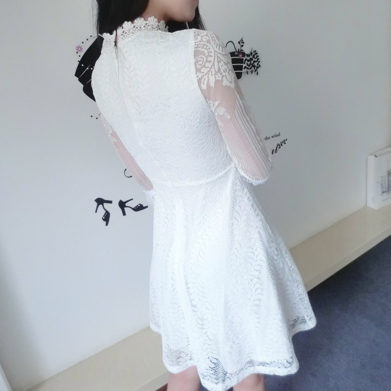 JMOORY2018春装新款蕾丝连衣裙镂空灯笼袖蕾丝裙子韩版长袖连衣裙 白色 XXXL