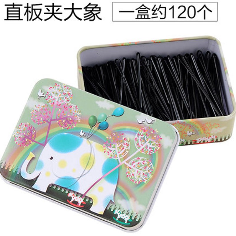 (120个盒装)可爱卡通铁皮装黑色一字发夹边夹刘海夹影楼用小夹子发卡2017春季新款成人儿童用直板发夹婴童头饰 直板夹大象