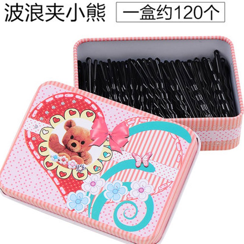 (120个盒装)可爱卡通铁皮装黑色一字发夹边夹刘海夹影楼用小夹子发卡2017春季新款成人儿童用直板发夹婴童头饰 波浪夹小熊