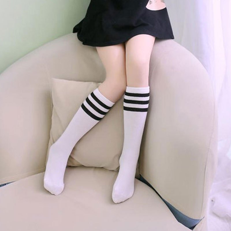 韩版儿童袜套女童长筒袜 春夏款中筒袜堆堆袜短袜高筒过膝袜2017新品简约小清新多款多色可选 中码32CM适合3-10岁 白色（黑色条纹）