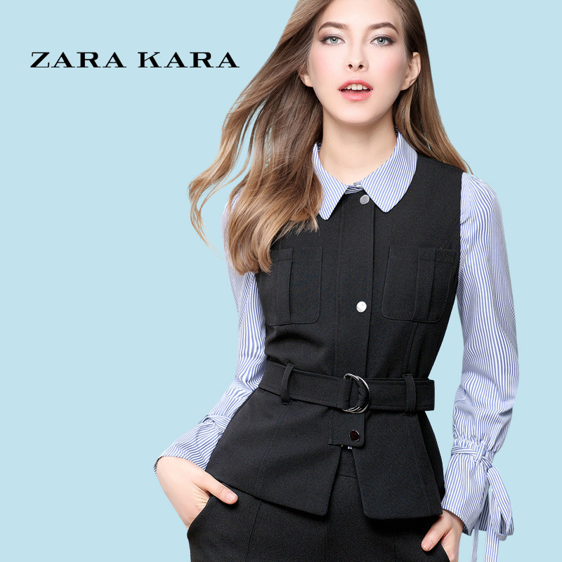 ZARA KARA西装马甲女短款修身时尚百搭背心职业装马夹英伦2017春装新款 L 黑色