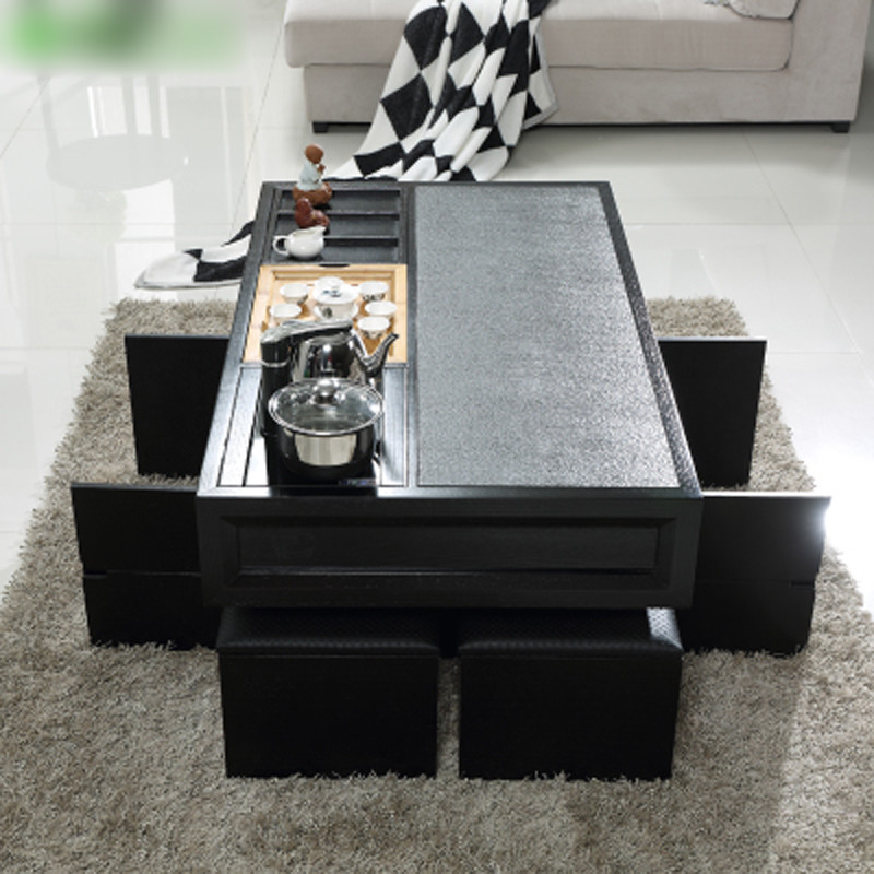 淮木（HUAIMU） 现代多户型中式火烧石茶几理石茶艺桌凳子组合多功能储物功夫茶台 竹茶盘无抽款高贵黑1.23米