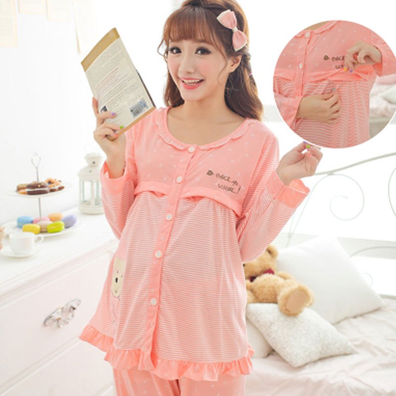 春季月子服产后哺乳衣2017年春季上新款开衫孕妇睡衣夏装长袖大码套装家居服卡通动漫家居服套装常规厚度 XXL 开衫帽子熊