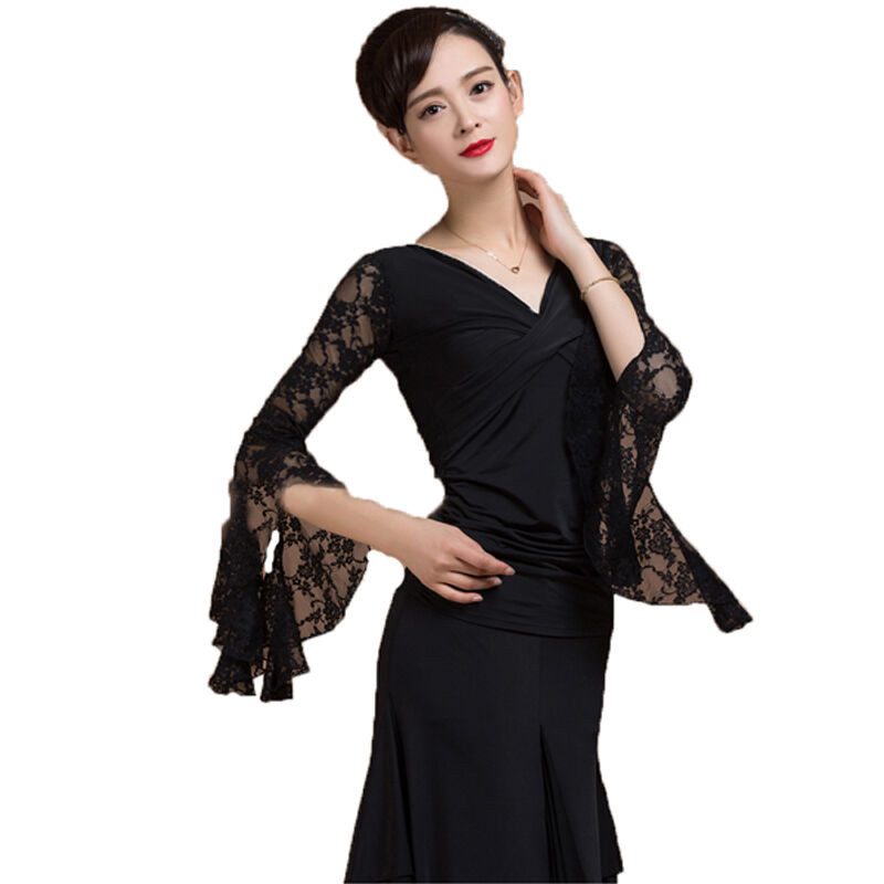 嘟嘟美倍尔 春夏交谊舞上衣长袖蕾丝拉丁舞蹈服装表演服舞摩登舞衣女 黑色 S 黑色仅上衣不含裙子