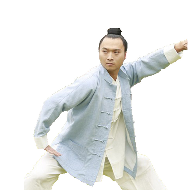 嘟嘟美倍尔 运动户外 秋冬太极服 直袖亚麻双层上衣外套武术表演服练功服 M 淡蓝色