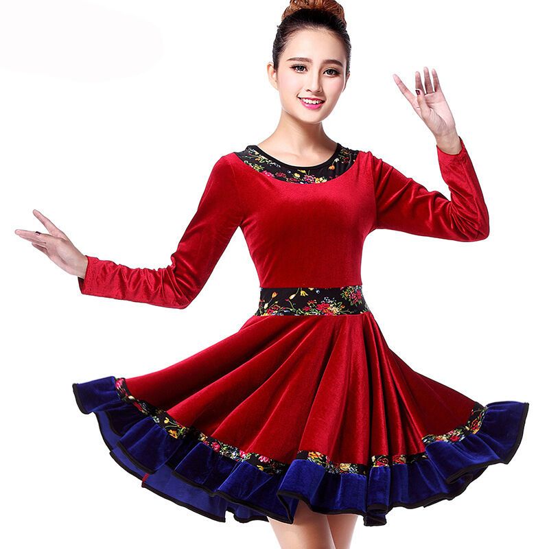 嘟嘟美倍尔 广场舞服装秋冬长袖 瑜伽舞蹈表演金丝绒套装连衣裙 中老年小苹果广场舞裙子 拉丁舞服 酒红