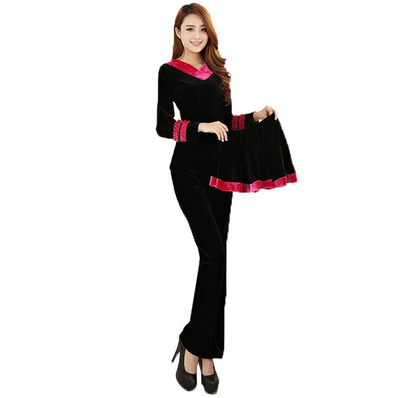 嘟嘟美倍尔 广场舞服装套装秋冬三件套V领长袖分体裙裤跳舞服 玫红色
