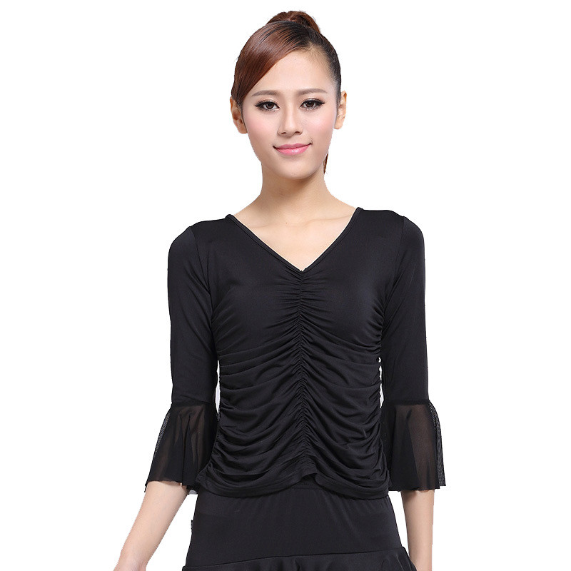 嘟嘟美倍尔 拉丁舞服装 收腰蕾丝喇叭长袖上衣女 广场舞蹈服上衣女 黑色