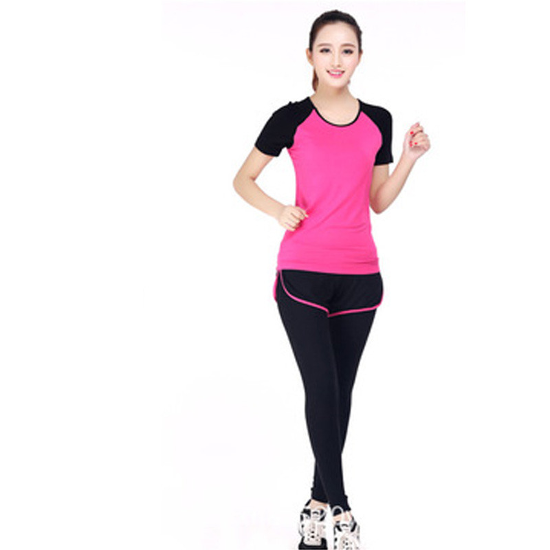 嘟嘟美倍尔 夏季款运动户外紧身短袖假两件健身瑜伽服套装瑜伽舞蹈 玫瑰红色