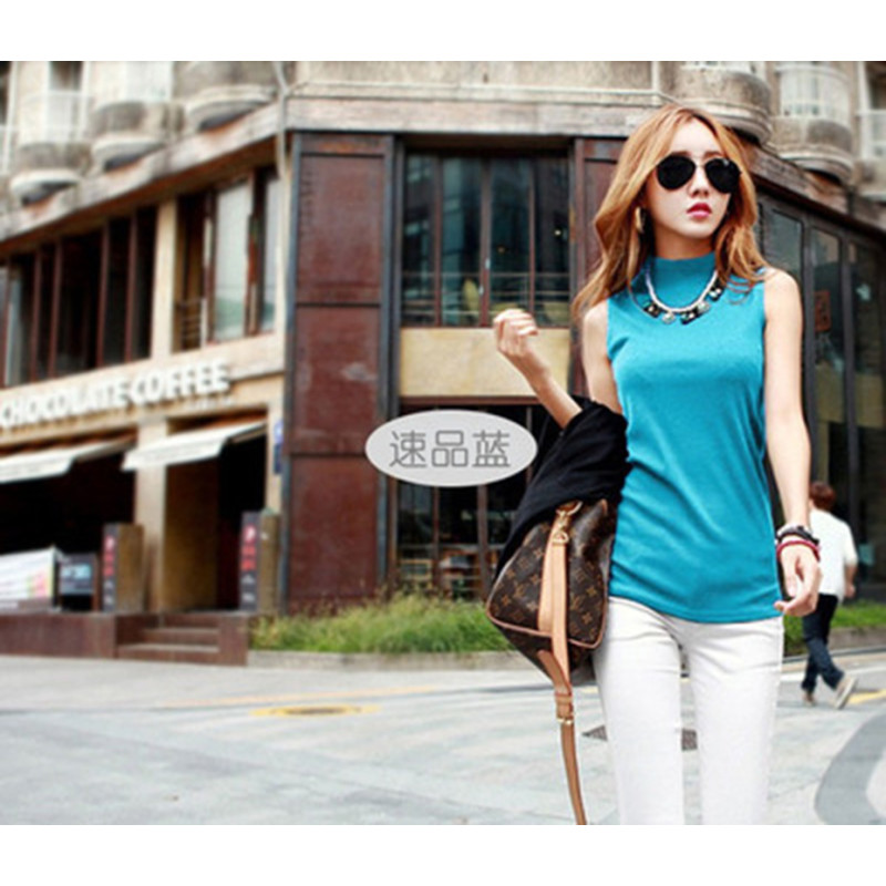 2017夏季女装韩版中长款半高领无袖T恤纯棉打底衫背心 XL 速品蓝